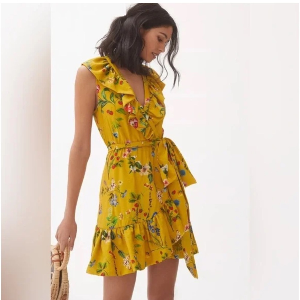 Anthropologie Maeve Floral-Wrap Mini Dress in Yellow Floral Size Large